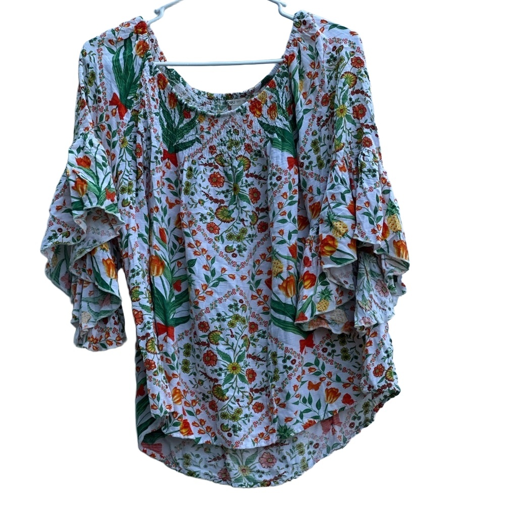 Cato Off Shoulder Floral Boho Blouse Women’s Large NWOT White Tropical Print - Picture 2 of 9